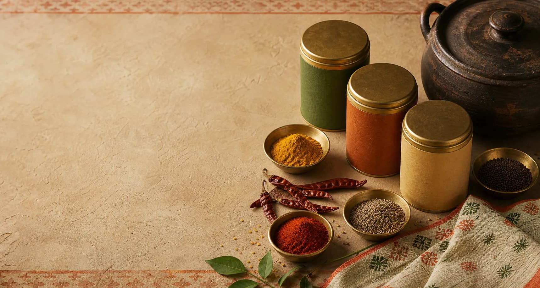 Bangla Blend jars beside bowls of whole and ground spices