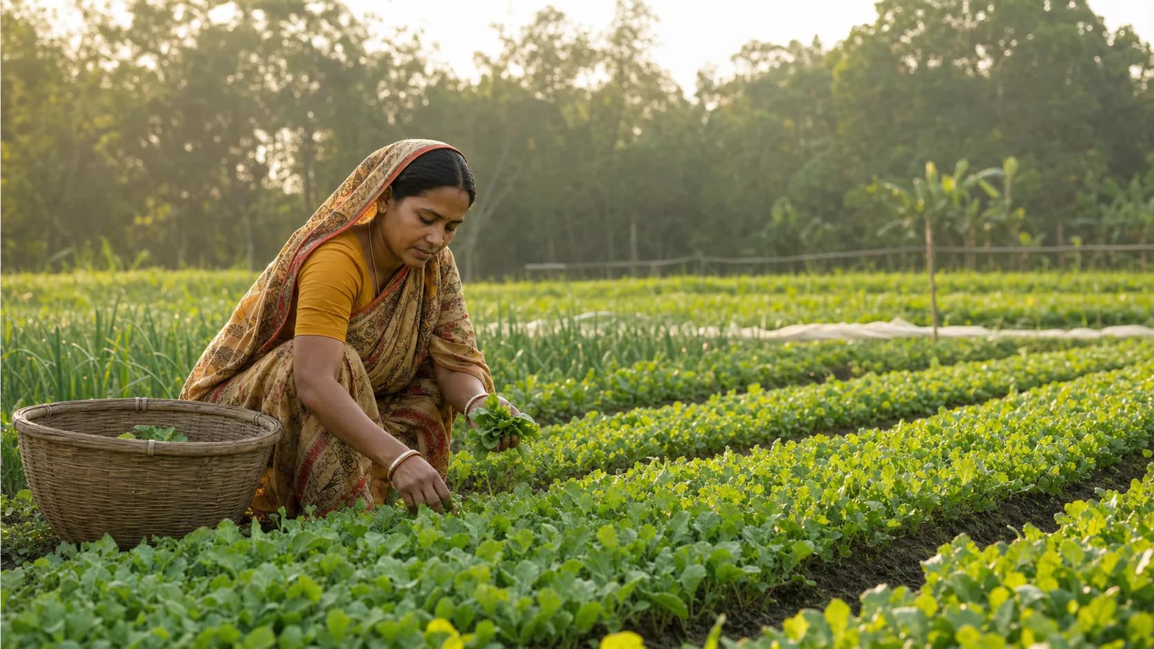 A Bangladeshi grower harvesting leafy crops in a sunlit field