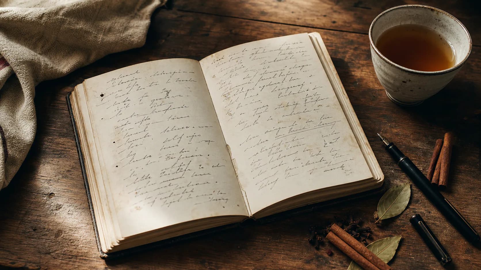 A handwritten recipe notebook beside tea and whole spices