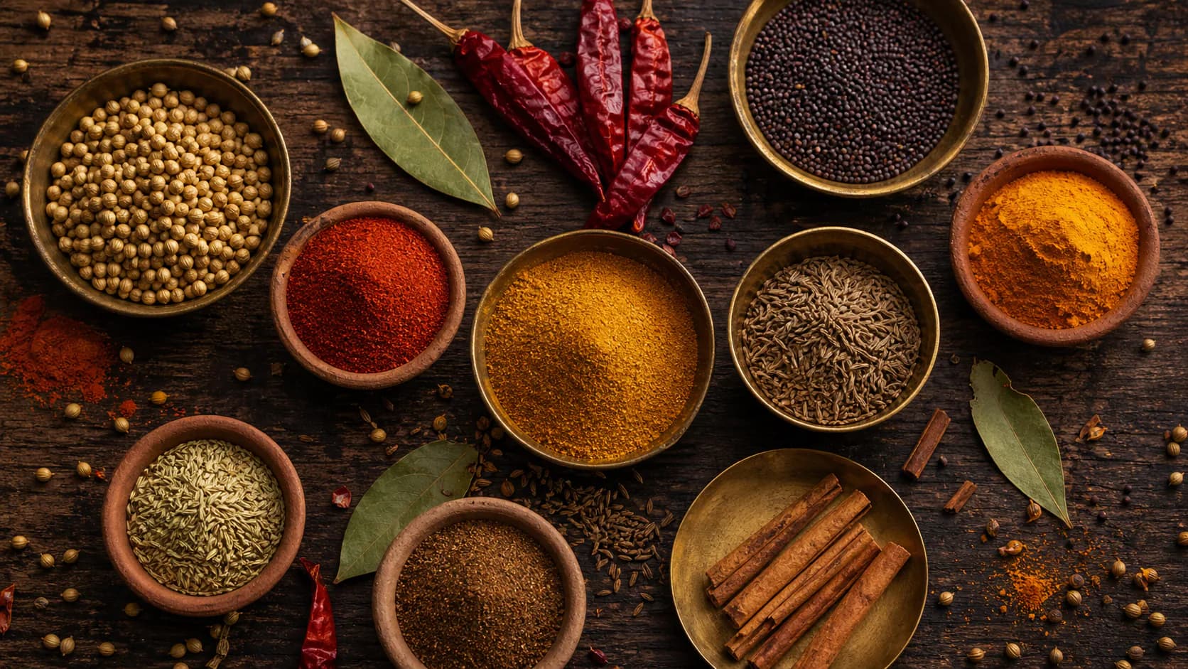 Red chilli and other spices in bowls on a dark wooden table