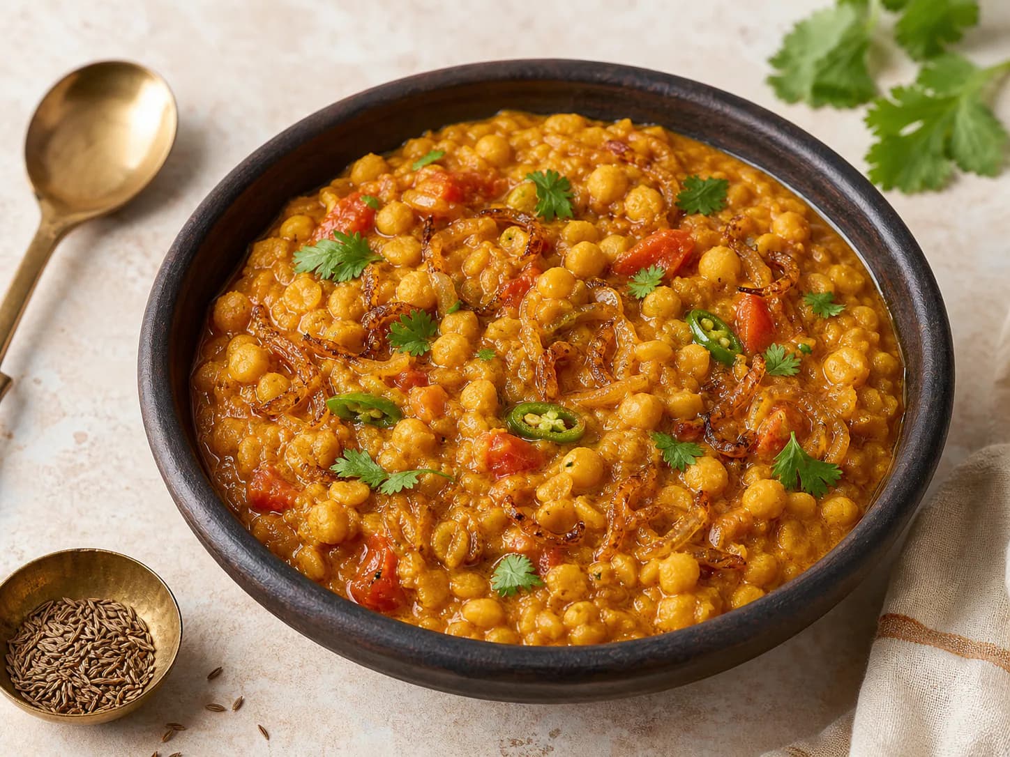 Golden chana dal bhuna with fried onion and green chilli