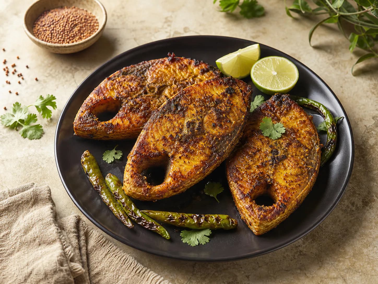 Grilled hilsa steaks with green chillies and lime