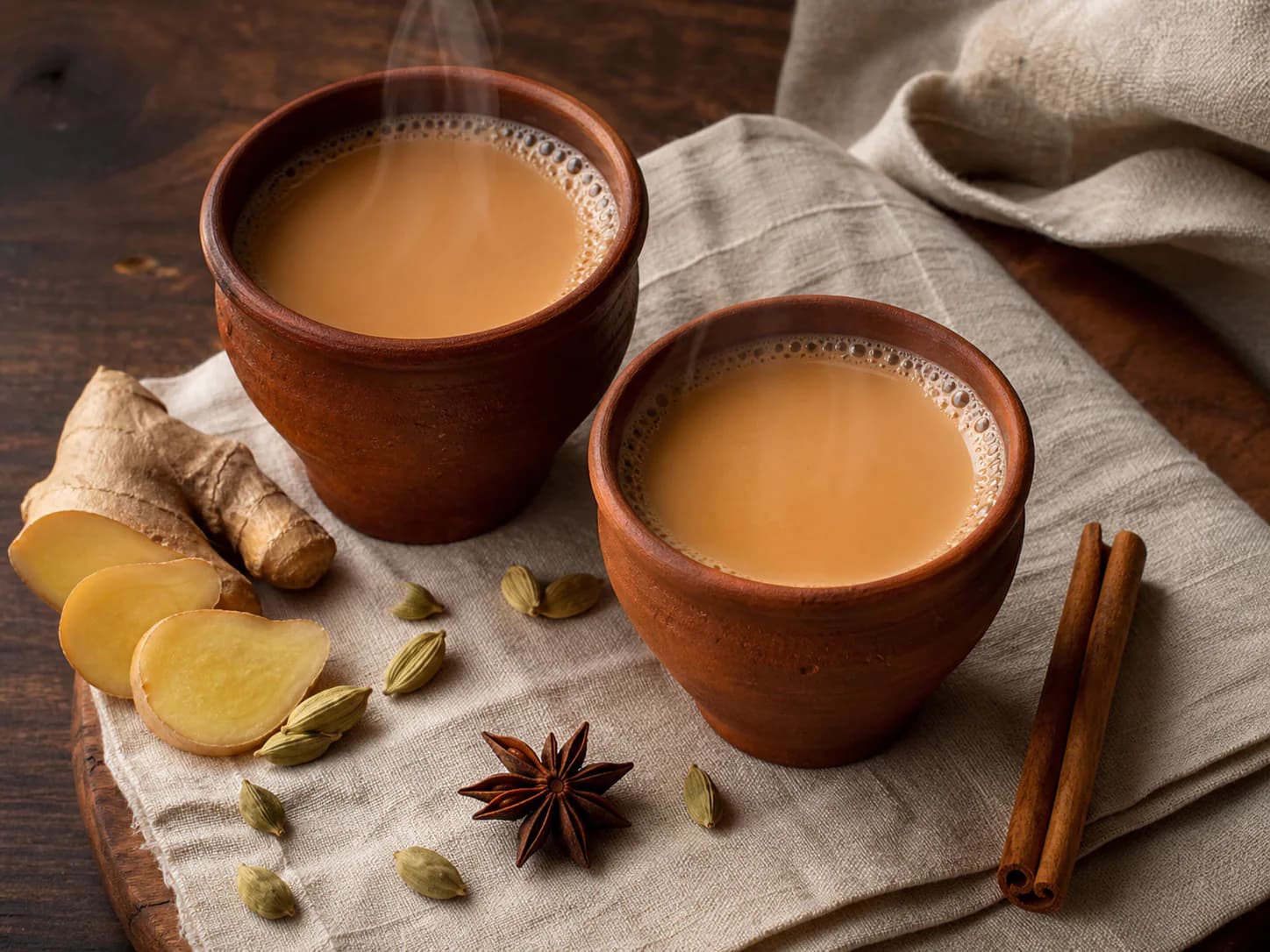 Steaming masala chai in handmade clay cups