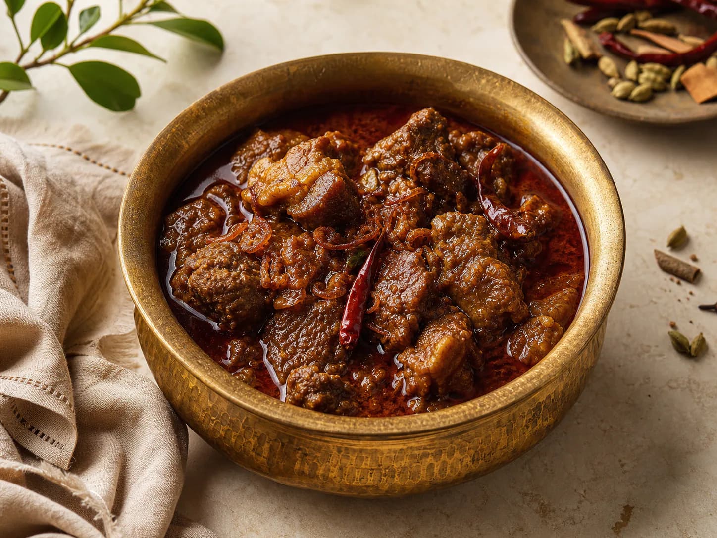 Mezban beef curry in a hammered brass bowl