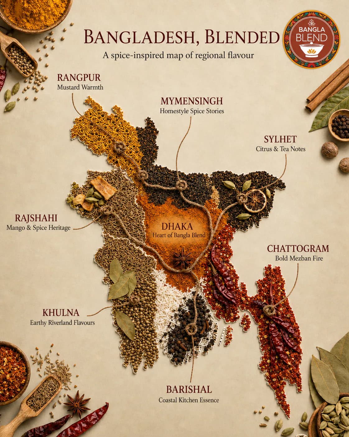 Bangladesh Blended spice map highlighting the regional flavours of Rangpur, Mymensingh, Sylhet, Rajshahi, Dhaka, Chattogram, Khulna and Barishal