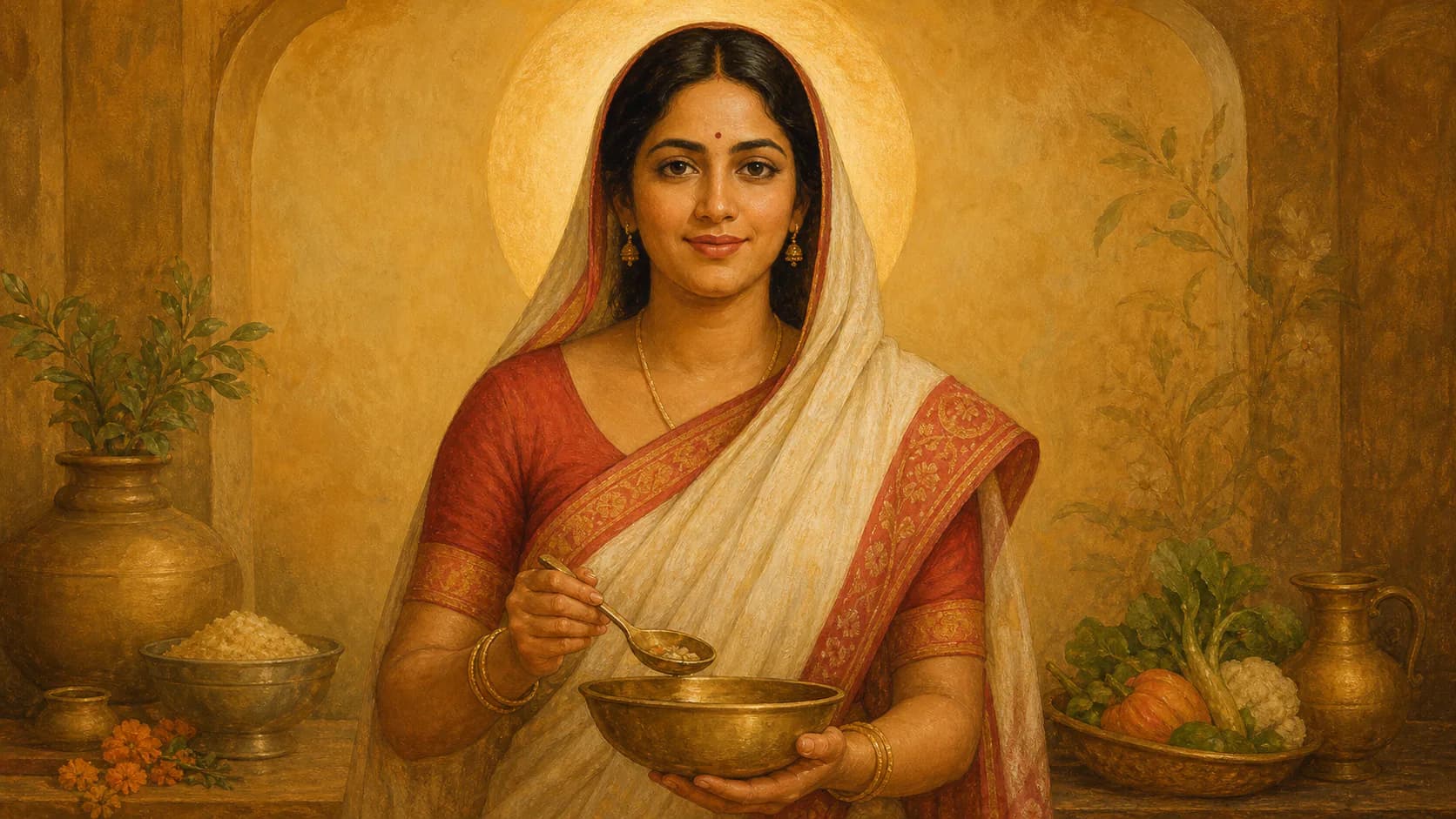An illustrated woman holding a bowl in a warm kitchen scene