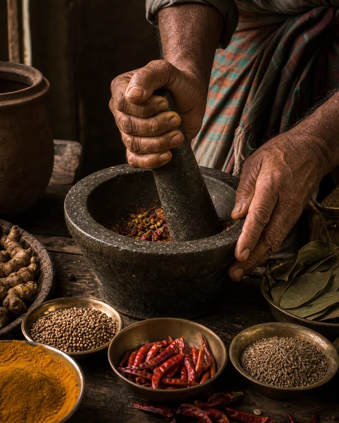 Spices being ground by hand in a traditional stone mortar