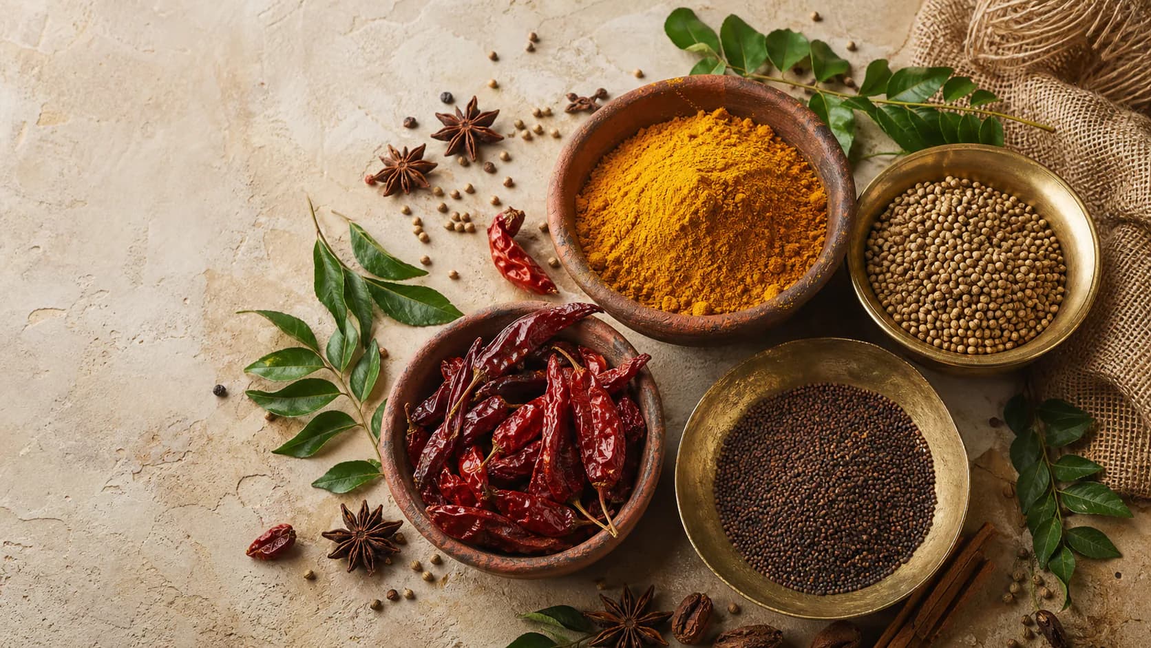 Turmeric, dried chillies, mustard seed and aromatic spices from a Bangladeshi kitchen